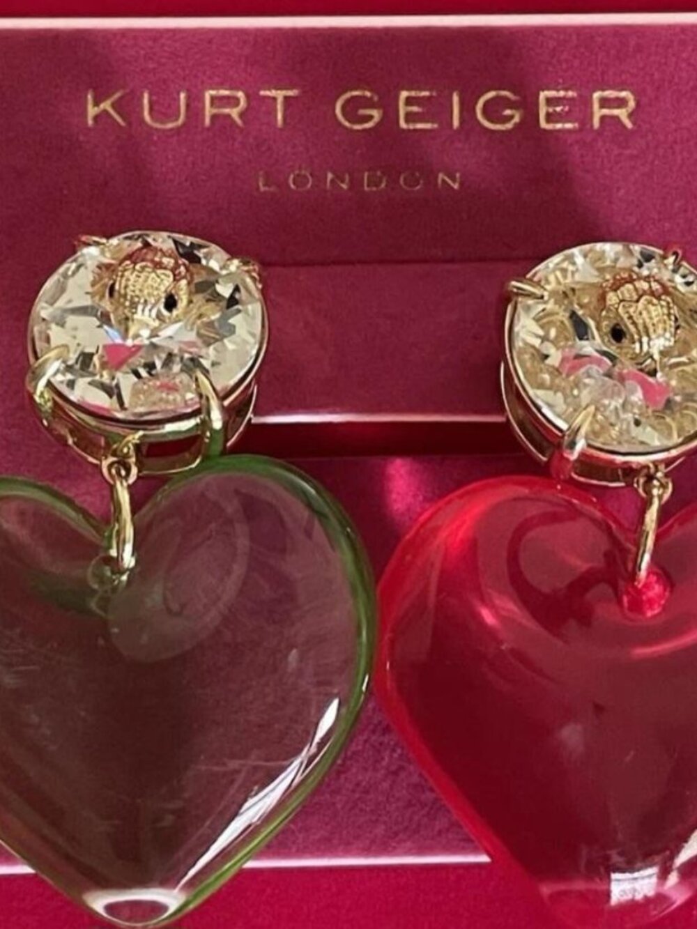 Kurt Geiger Heart Statement Mismatch Drop Crystal & Resin Earrings XL